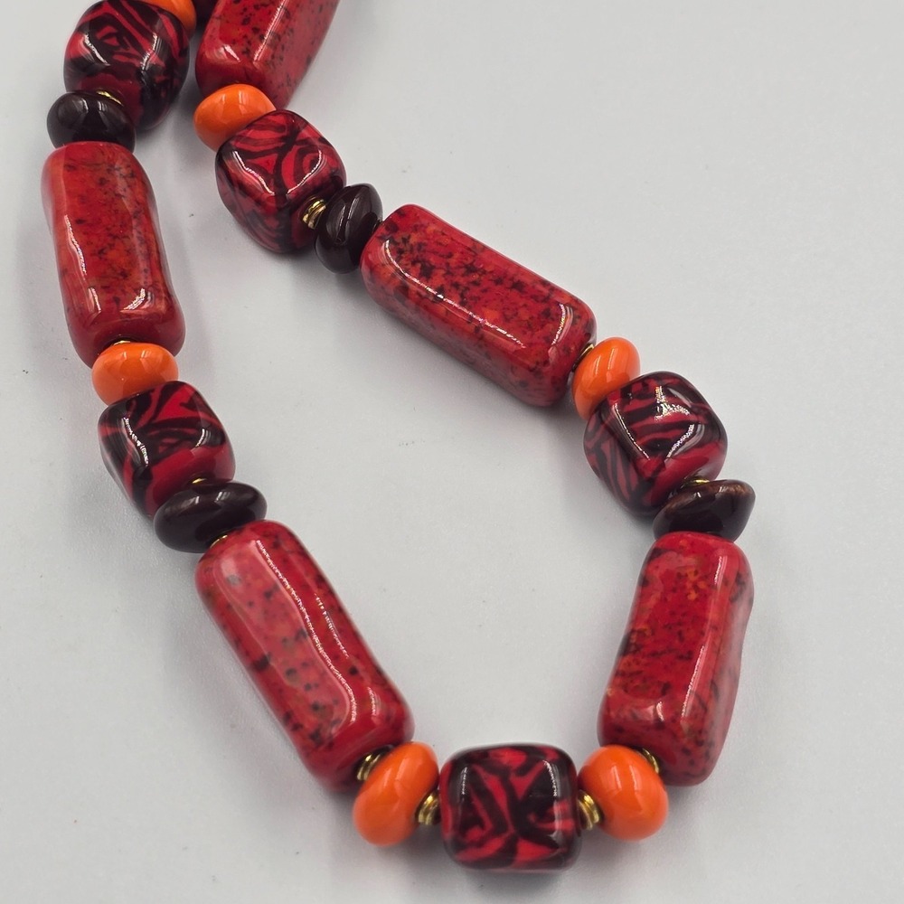 Vintage Blood Orange Red Glass Peking Trade Bead Necklace - Picture 7 of 8